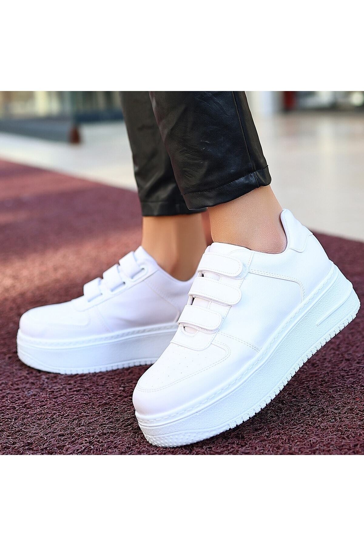 Beyaz Cilt Cırt Cırtlı Spor Sneaker