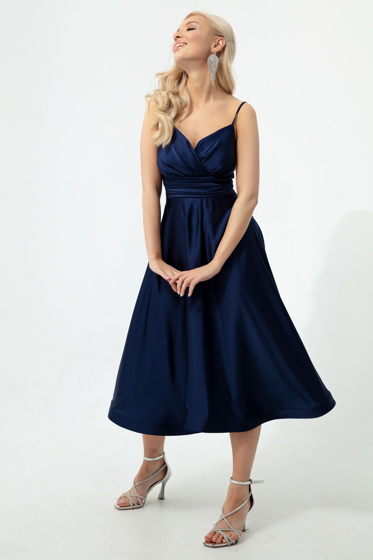 Lafaba Women s Navy Blue Rope Strap Waist Belted Satin Mini