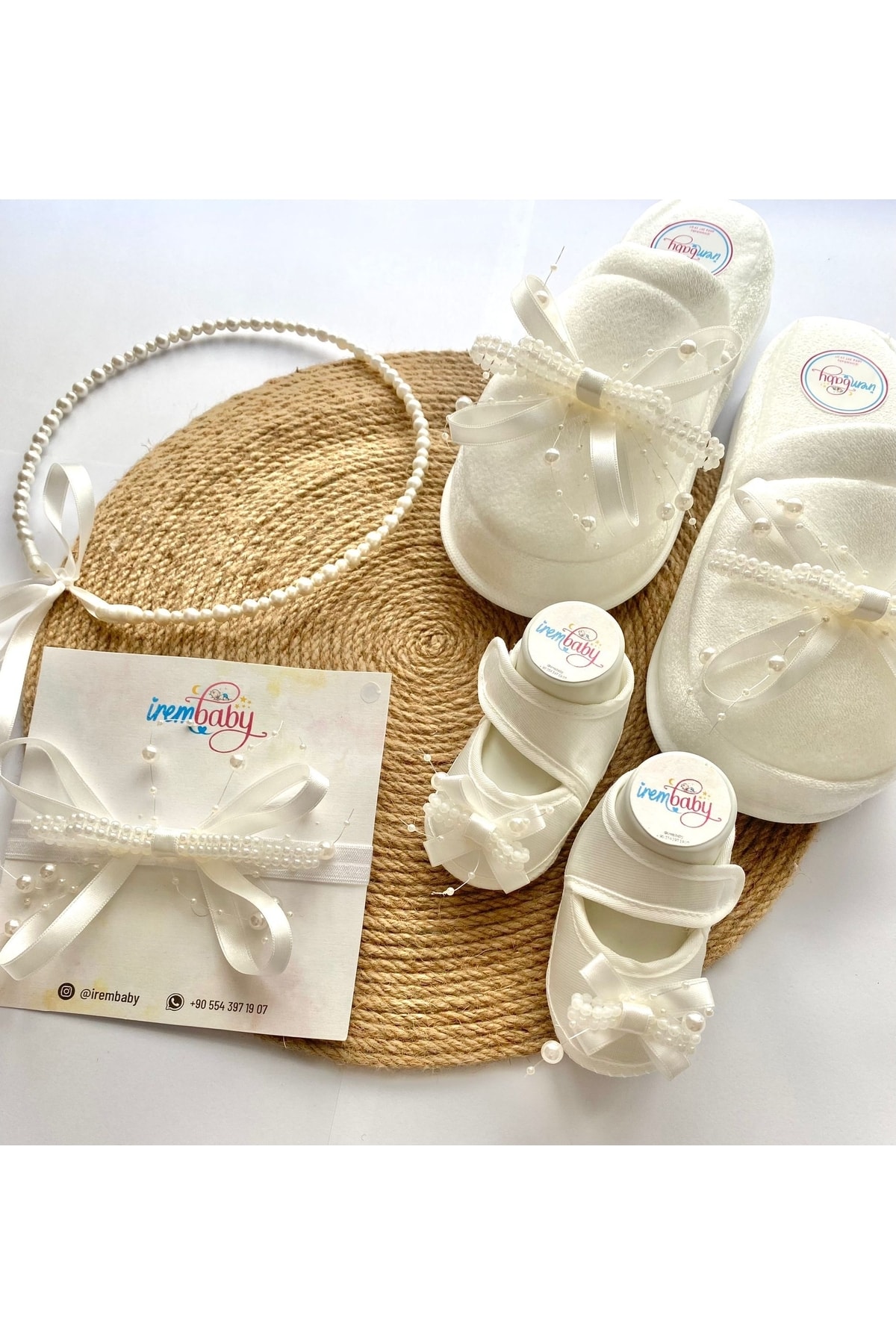 irembaby Anne Bebek Lohusa Seti Beyaz Incili Lohusa Tacı Terliği Bebek Ayakkabı Bebek Saç Bandı Lohusa Takımı fotoğrafı 2 (önizleme)
