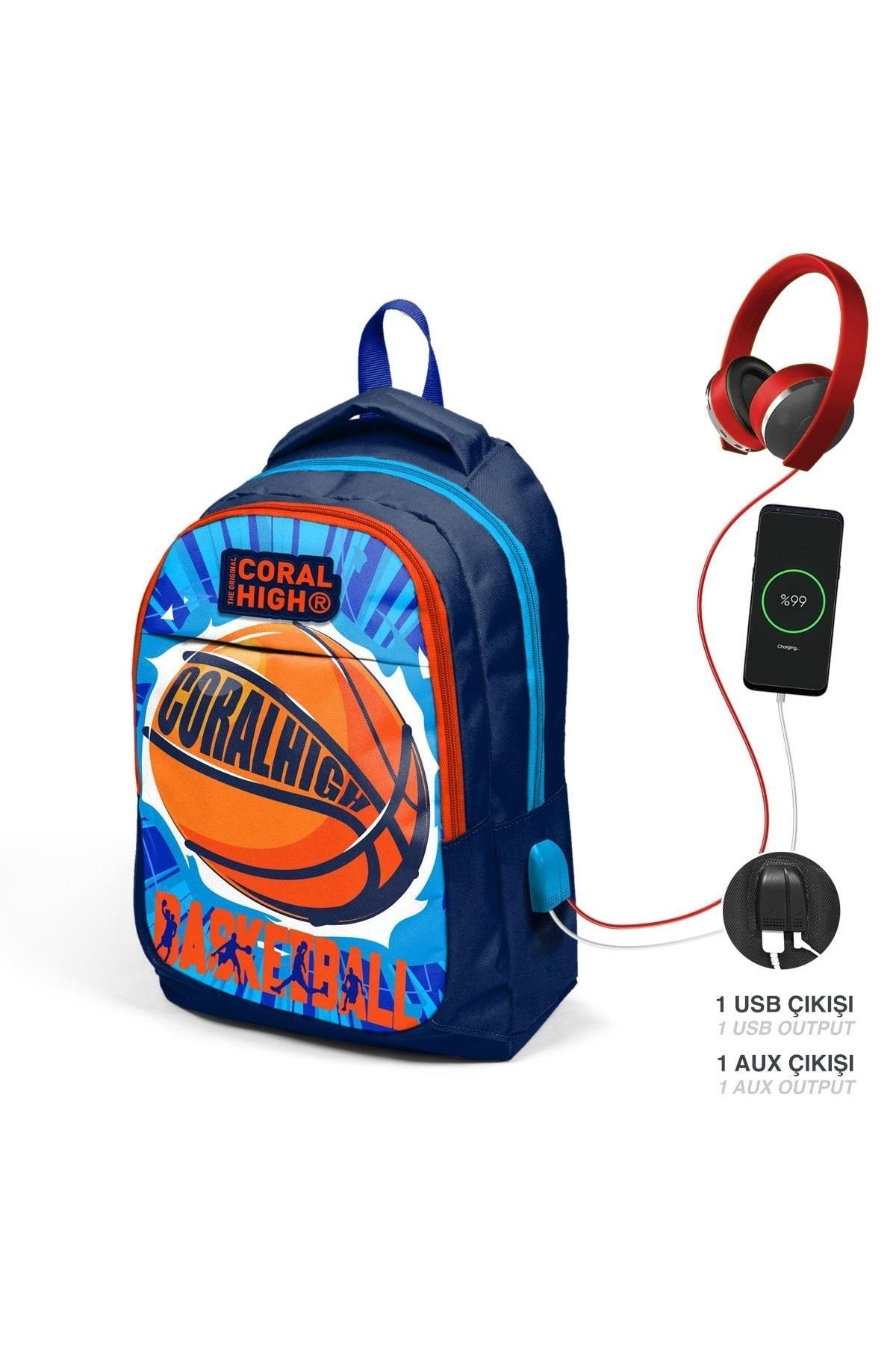 Coral High Kids Navy Blue Basketball Ball Patterned Three