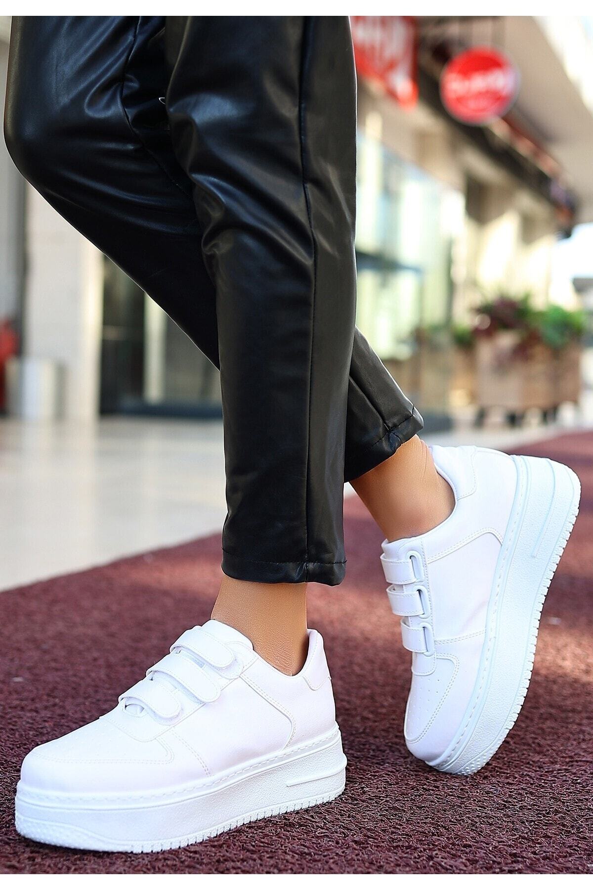 Beyaz Cilt Cırt Cırtlı Spor Sneaker