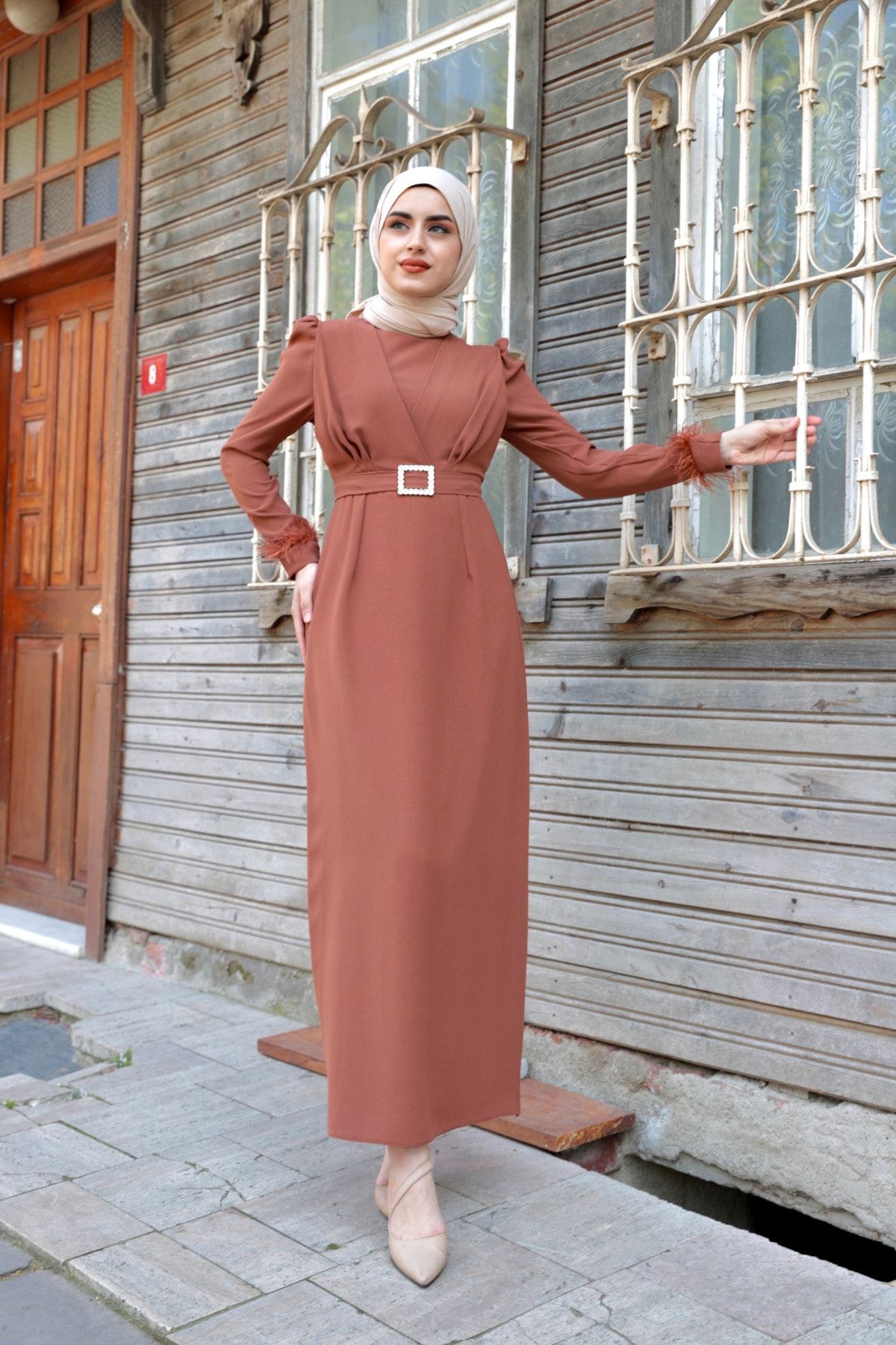 ENSA TESETTUR Sleeve Feather Mobile Belt Hijab Dress Trendyol