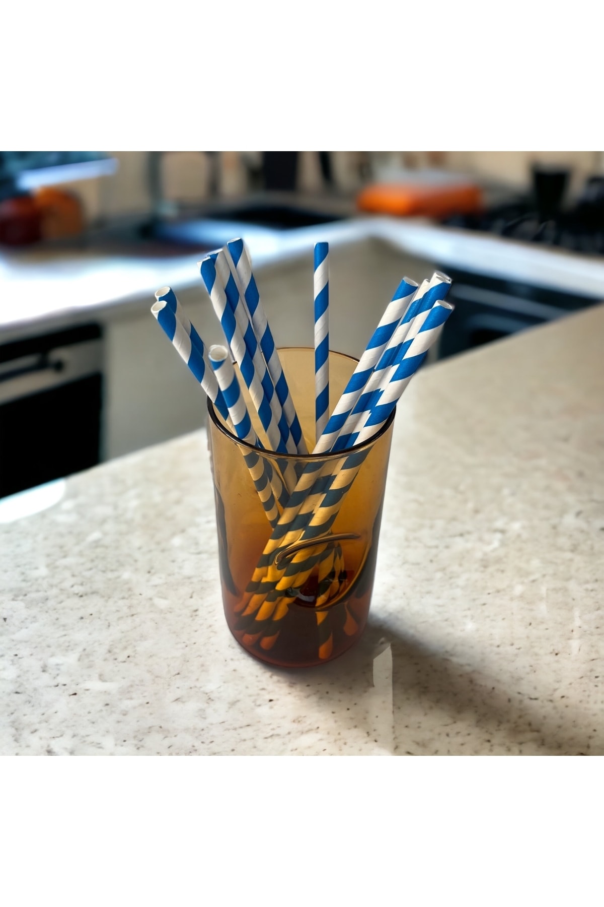 Kağıt Dünyası 6*20 Cm Mavi Beyaz Çizgili Kağıt Pipet, 100 Adet