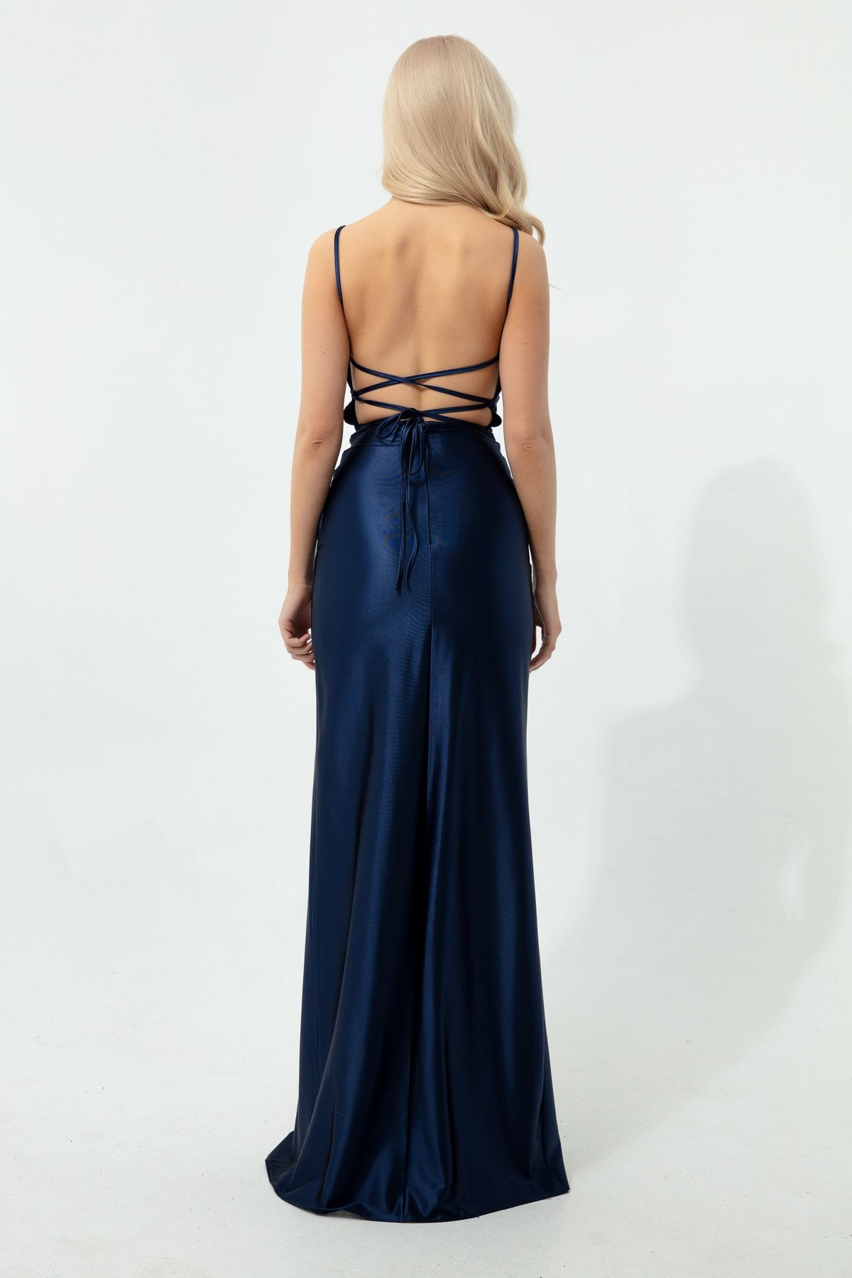 Lafaba Women s Navy Blue Backless Slit Long Evening Dress Trendyol