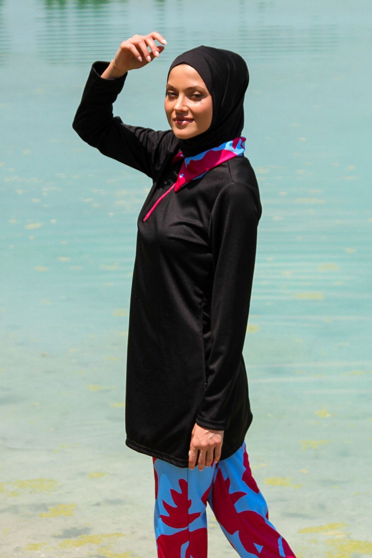 Riva Mera Rivamera 4 Piece Black Patterned Fully Covered Hijab Swimsuit R1108