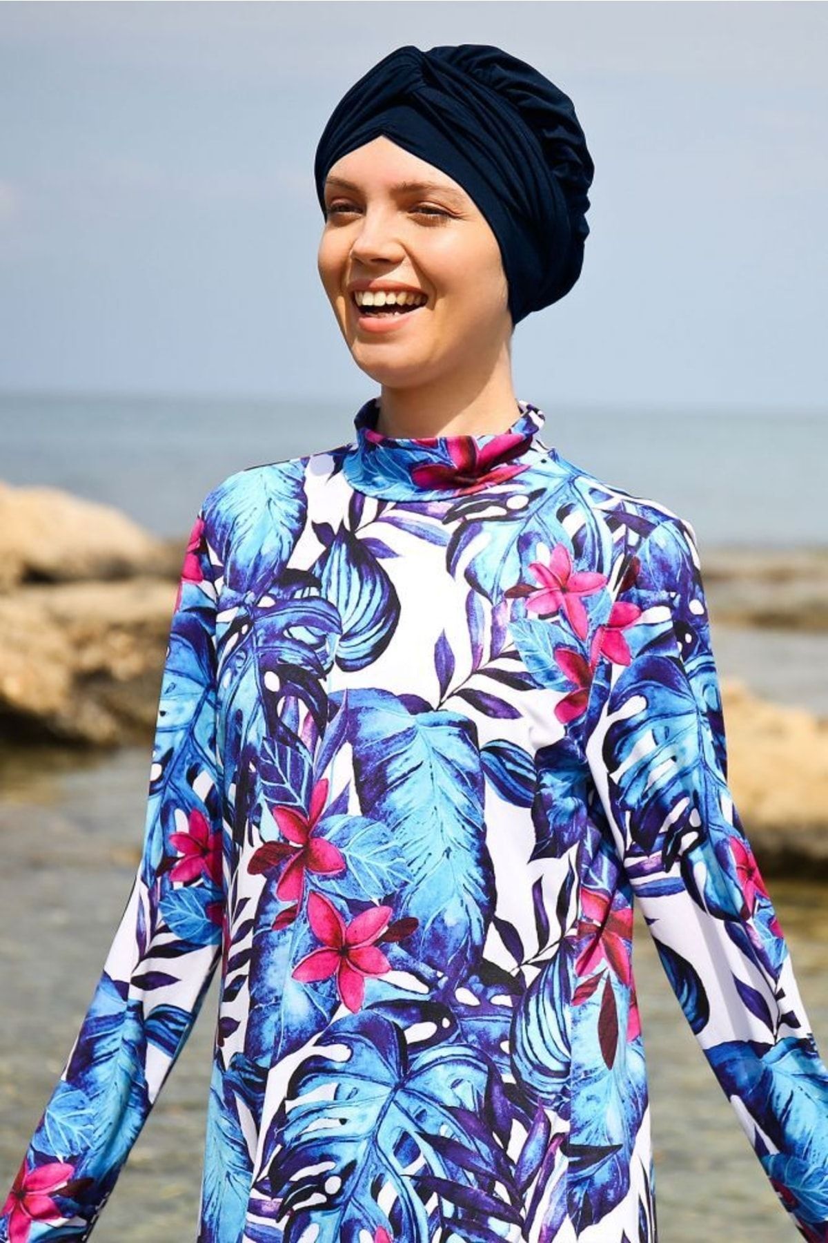 Marina-Costum de baie hijab complet acoperit, 4 piese, cu frânghie, albastru bleumarin, cu model de frunze, 1965 2