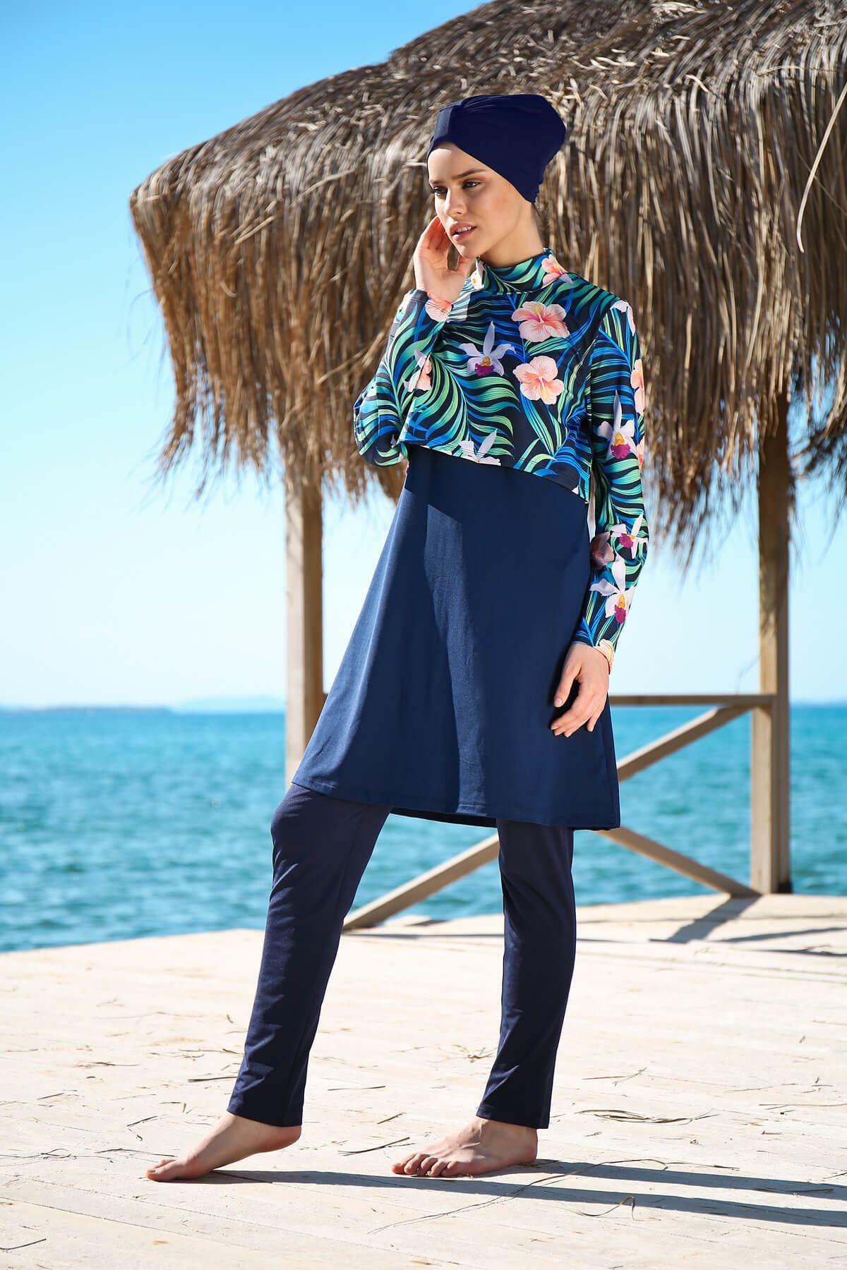 Marina-Costum de baie hijab complet acoperit cu 4 piese, albastru bleumarin, cu model floral, 1971 4