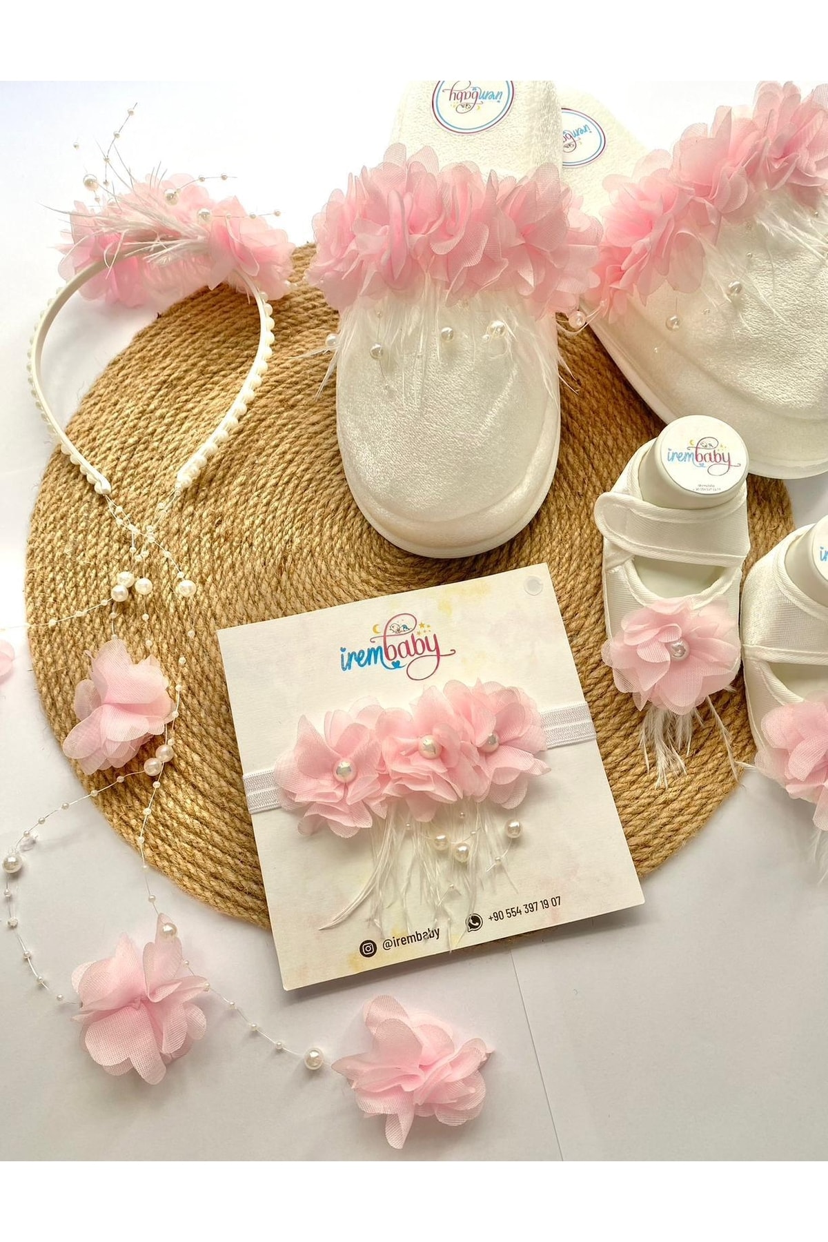irembaby Anne Bebek Lohusa Seti Pembe Çiçekli Incili Lohusa Tacı Terliği Bebek Ayakkabı Saç Bandı Takımı fotoğrafı 2 (önizleme)