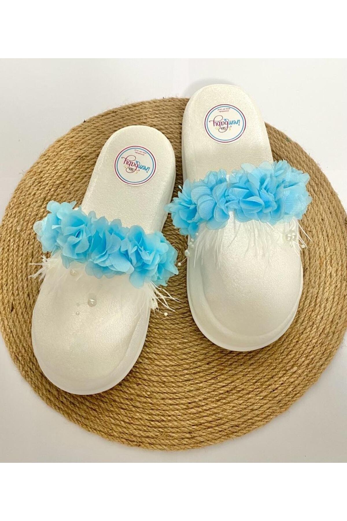 irembaby Anne Lohusa Mavi Çiçekli Incili Lohusa Terliği Gelin/düğün/çekim