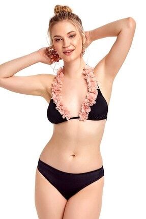 Somon Şifon Çiçek Aplikeli Üçgen Bikini Takımı 00-1000-7076