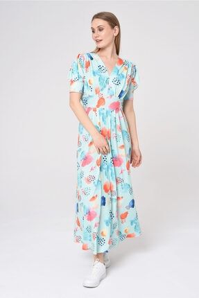 Kadın Mavi Desenli Uzun Elbise BLD-2021-46