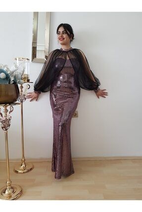 Kadın Pudra Payet Pelerinli Straplez Abiye Balık Elbise FERO0000858