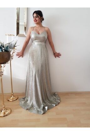 Kadın Gümüş Gri Sırt Ip Detay Askılı Tasarım Abiye Elbise MRT00000035