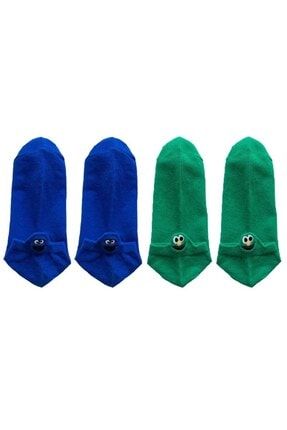 4 Çift Unisex Yeşil-sax Mavi Emojili Nakışlı Işlemeli Çorap Emocrmnya-08