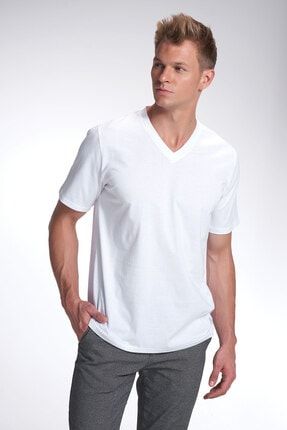 Erkek Beyaz V Yaka Kısa Kol T-shirt 9160