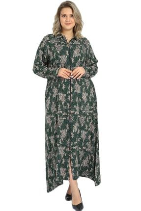 Kadın Yeşil Büyük Beden Fermuarlı Çiçek Desen Cep Detaylı Elbise S3030471