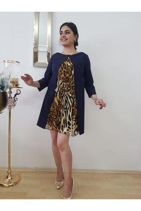 Kadın Lacivert Leopar Desenli Mini Elbise FERO0000641