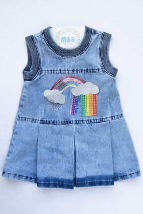 Gökkuşağı Işlemeli Kız Bebek Kot Jile Yazlık Jean Elbise MB-00355