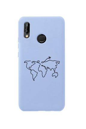Huawei P20 Lite Dünya Harita Rota Desenli Premium Silikonlu Lila Telefon Kılıfı MCHP20LDHR