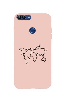 Huawei Psmart (2018) Dünya Harita Rota Desenli Premium Silikonlu Pembe Telefon Kılıfı MCHPS18LDHR