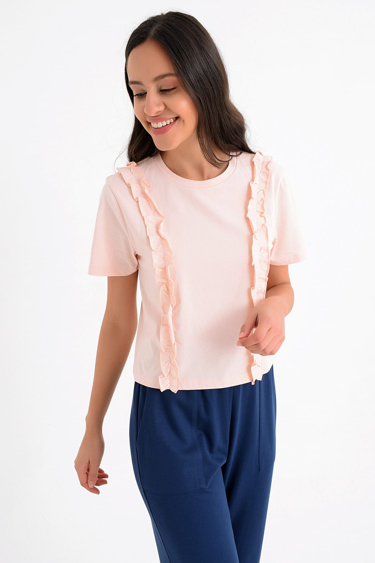 Hanna's by Hanna Darsa-Women's Salmon Frilly Neck Hanna's Embroidered T-shirt Hn1663 2