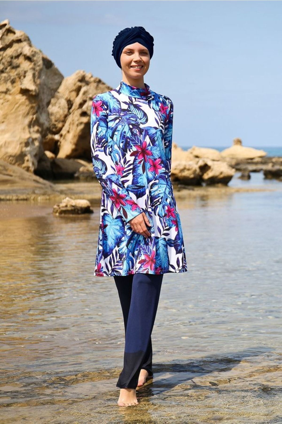 Marina-Costum de baie hijab complet acoperit, 4 piese, cu frânghie, albastru bleumarin, cu model de frunze, 1965 3