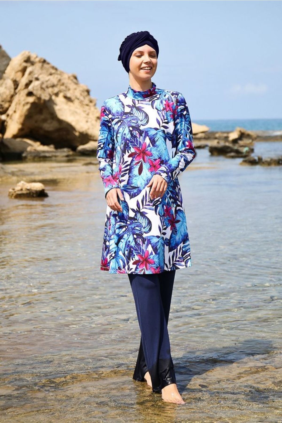 Marina-Costum de baie hijab complet acoperit, 4 piese, cu frânghie, albastru bleumarin, cu model de frunze, 1965 4
