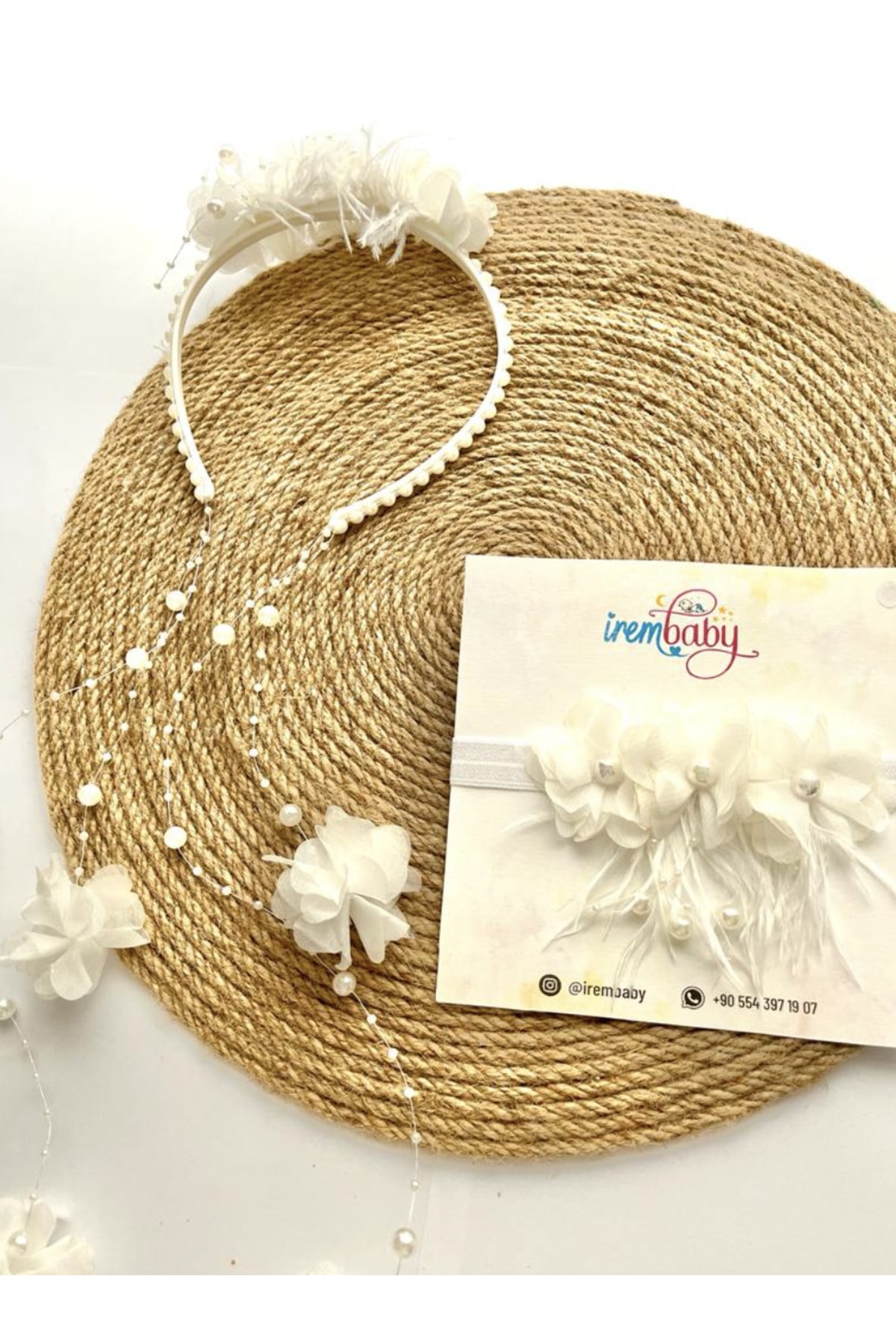 irembaby Anne Bebek Lohusa Seti Beyaz Çiçekli Incili Lohusa Tacı Bebek Saç Bandı Lohusa Takımı fotoğrafı 2 (önizleme)