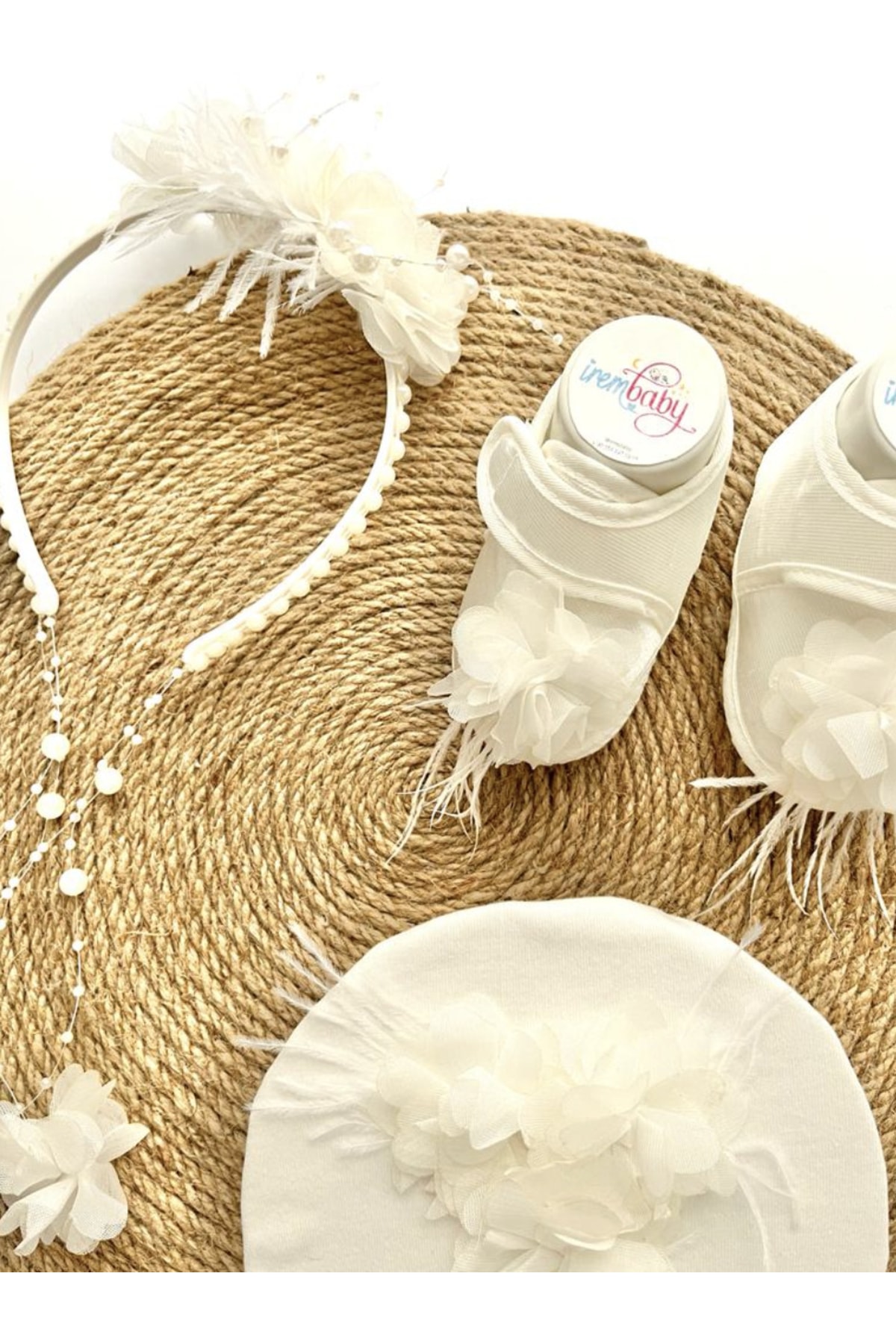 irembaby Anne Bebek Lohusa Seti Beyaz Çiçekli Incili Lohusa Tacı Bebek Ayakkabısı Ve Şapkası Lohusa Takımı fotoğrafı 2 (önizleme)