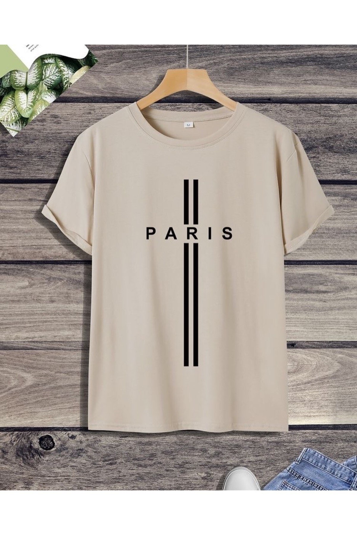 Kids Striped Paris Printed Oversize Cotton Beige Kids T-shirt