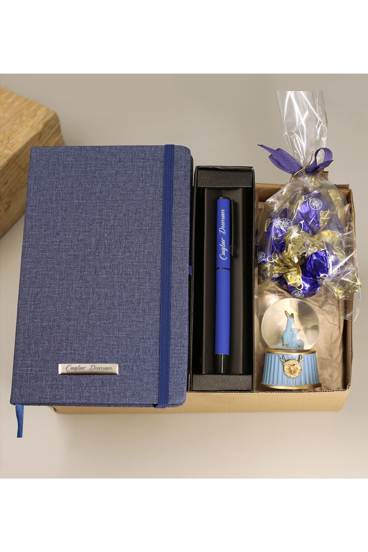 Personalized Dark Blue Notebook & Personalized Pen & Mini Snow Globe & Lavi Chocolate Gift Set