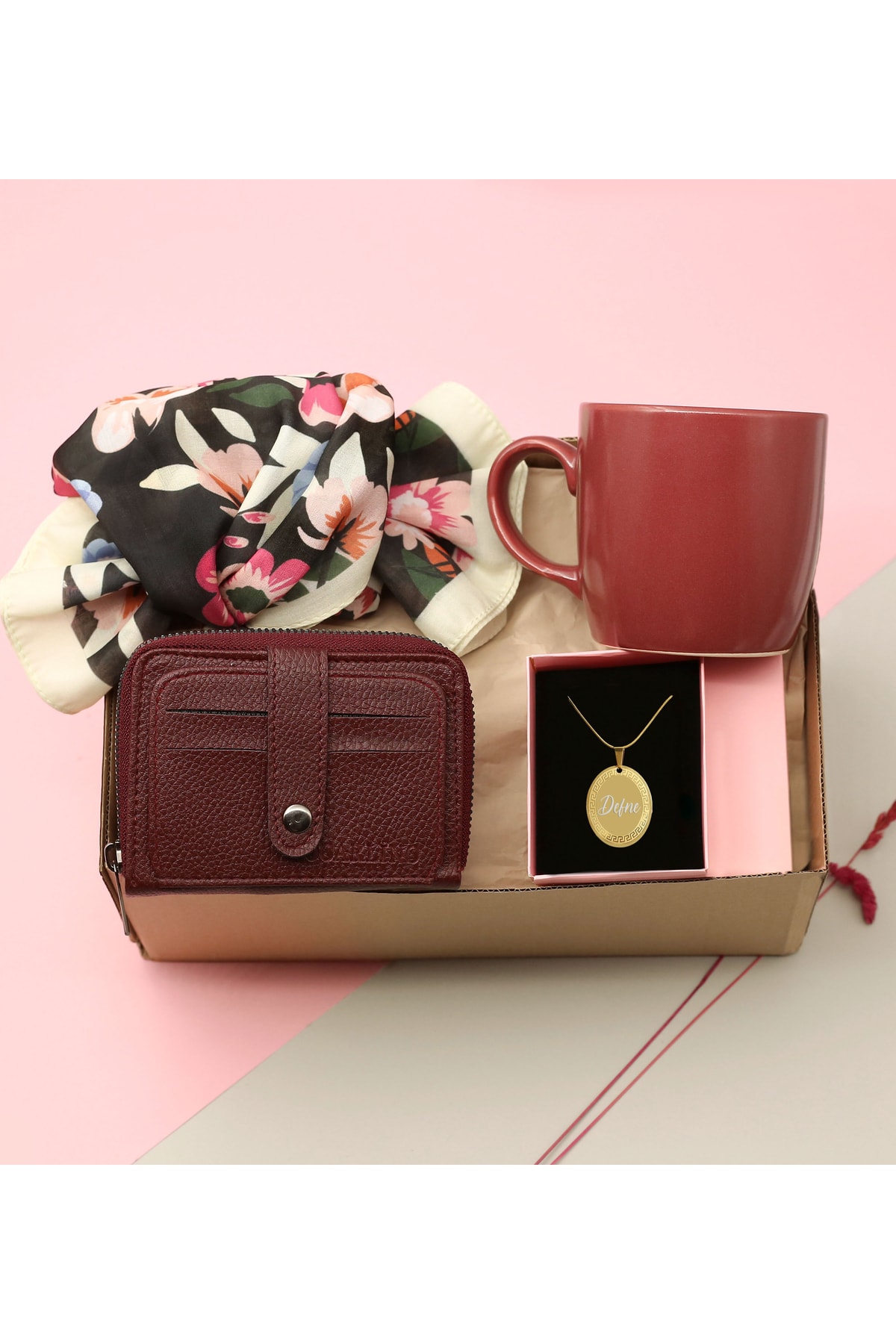 Special Gold Colored Necklace & Wallet & Colorful Scarf & Cup Gift Set for Mother's Day
