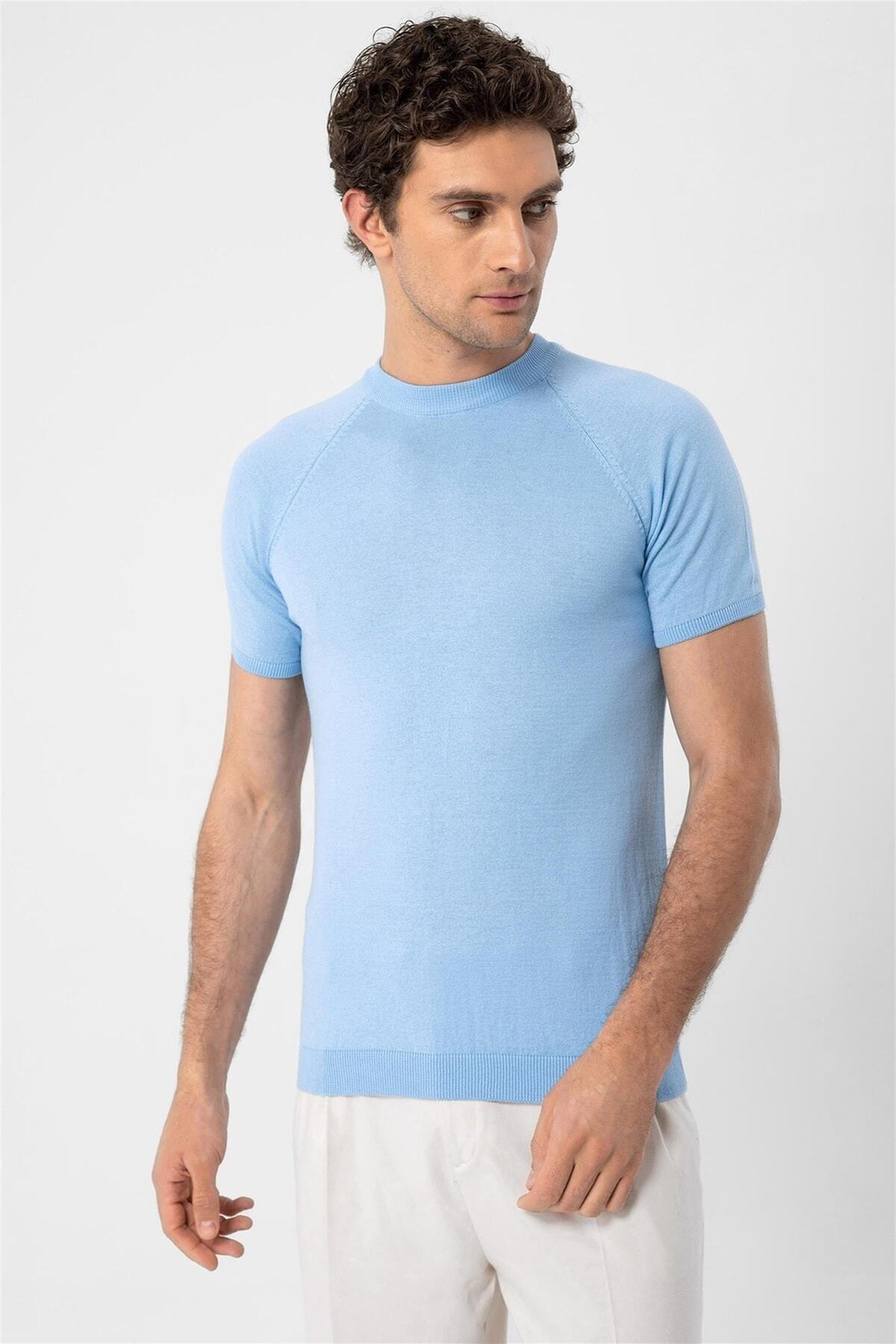 Antioch-Baby Blue Crew Neck Slim Fit Men's Knitwear T-Shirt 5