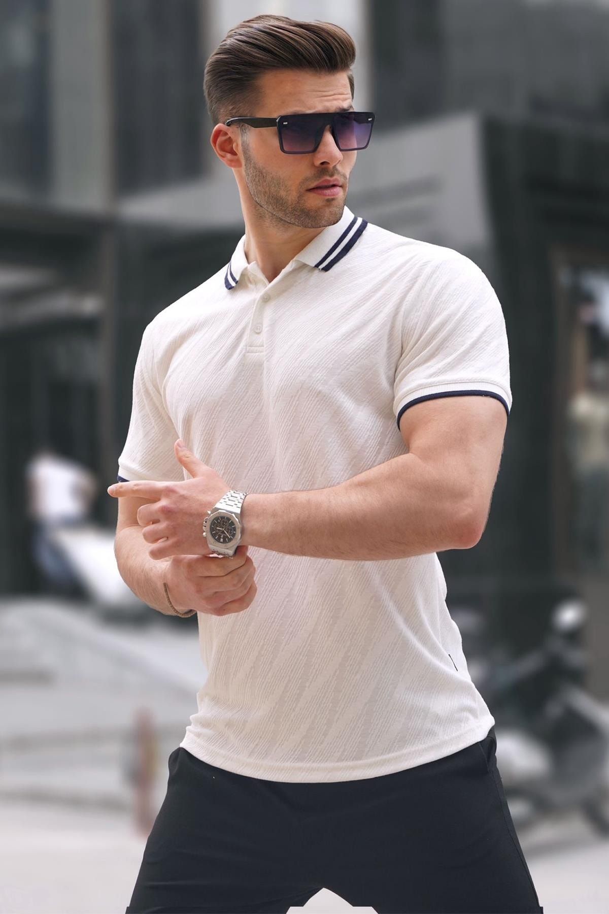 تی شرت یقه پولو خط دار طرح ساده  مدل اسلیم فیت آستین کوتاه مردانه مدمکست Madmext (ساخت ترکیه)