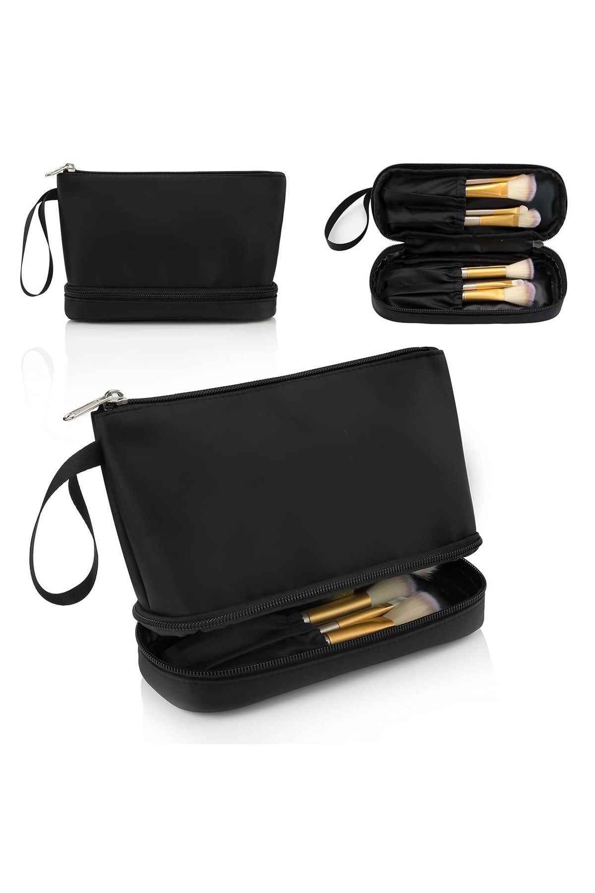akcaglow Black Two Compartment Makeup Bag