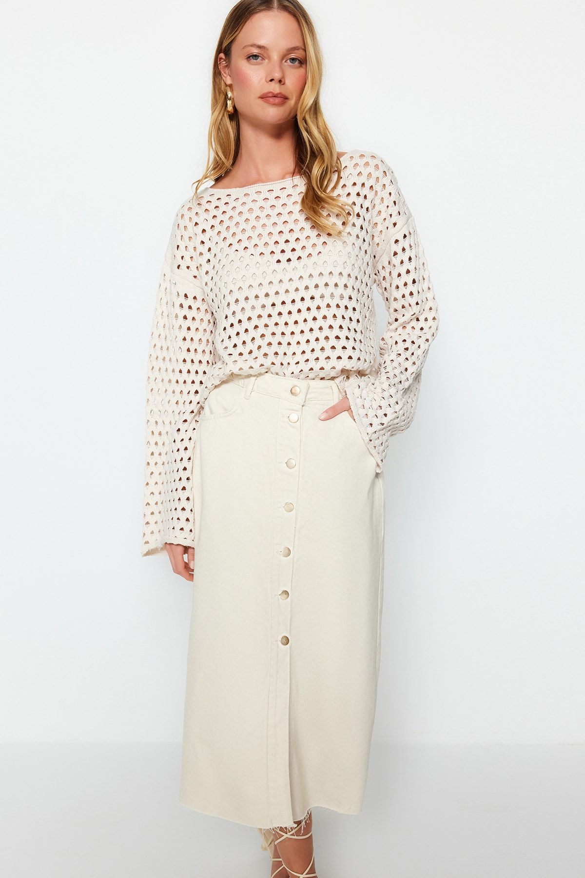 Trendyol Collection-Ecru Button Detail High Waist Midi Denim Skirt Twoss23Et00359 8