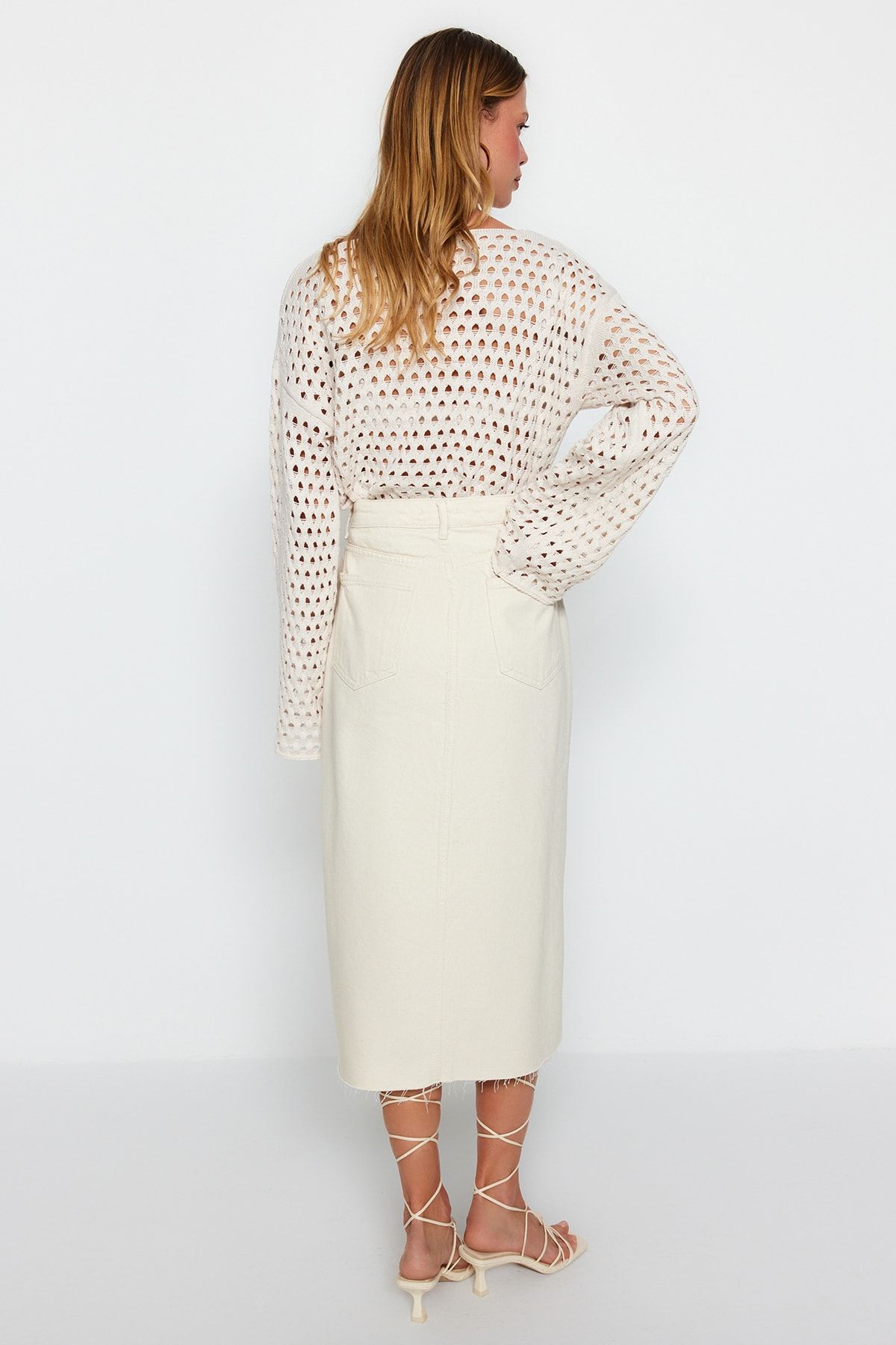 Trendyol Collection-Ecru Button Detail High Waist Midi Denim Skirt Twoss23Et00359 10