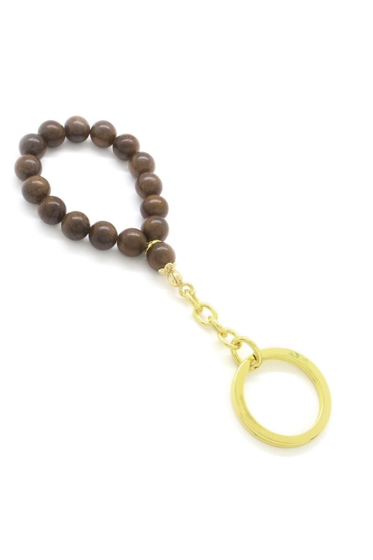 Gold Sand Natural Wood-gold Steel Combination Rosary Keychain