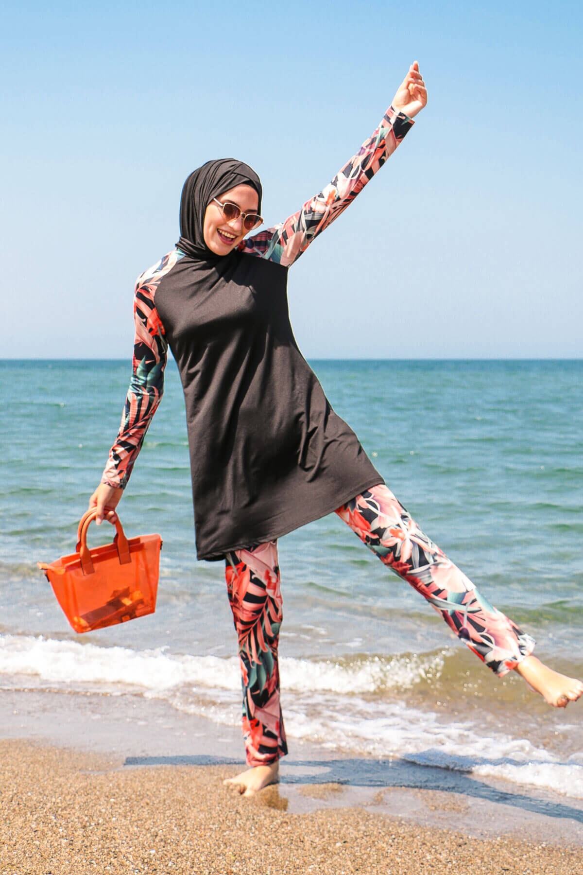 Marina-Costum de baie hijab acoperit complet cu frânghie, 4 piese, cu modele de flori, 1945 3