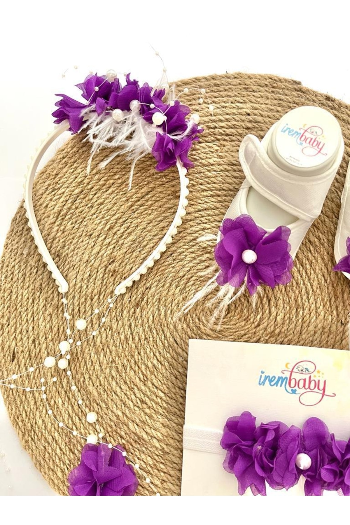 irembaby Anne Bebek Lohusa Seti Mor Çiçekli Incili Lohusa Tacı Bebek Ayakkabı Saç Bandı Takımı fotoğrafı 2 (önizleme)