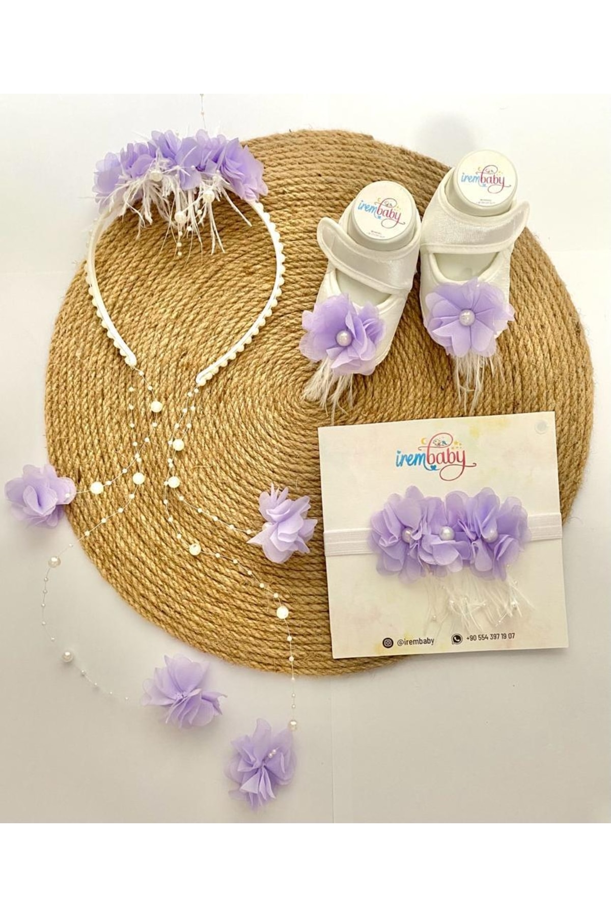 irembaby Anne Bebek Lohusa Seti Lila Çiçekli Incili Lohusa Tacı Bebek Ayakkabı Saç Bandı Takımı fotoğrafı 2 (önizleme)