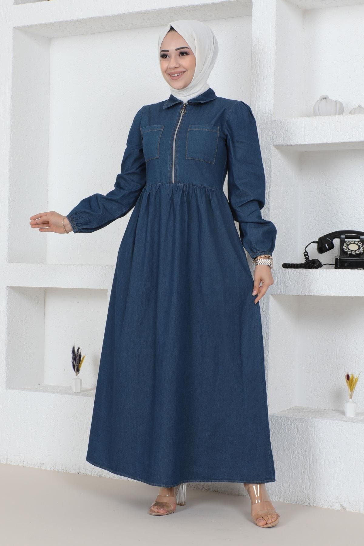 ModaMihram Pocket Detailed Denim Dress Dark Denim 19118 Trendyol