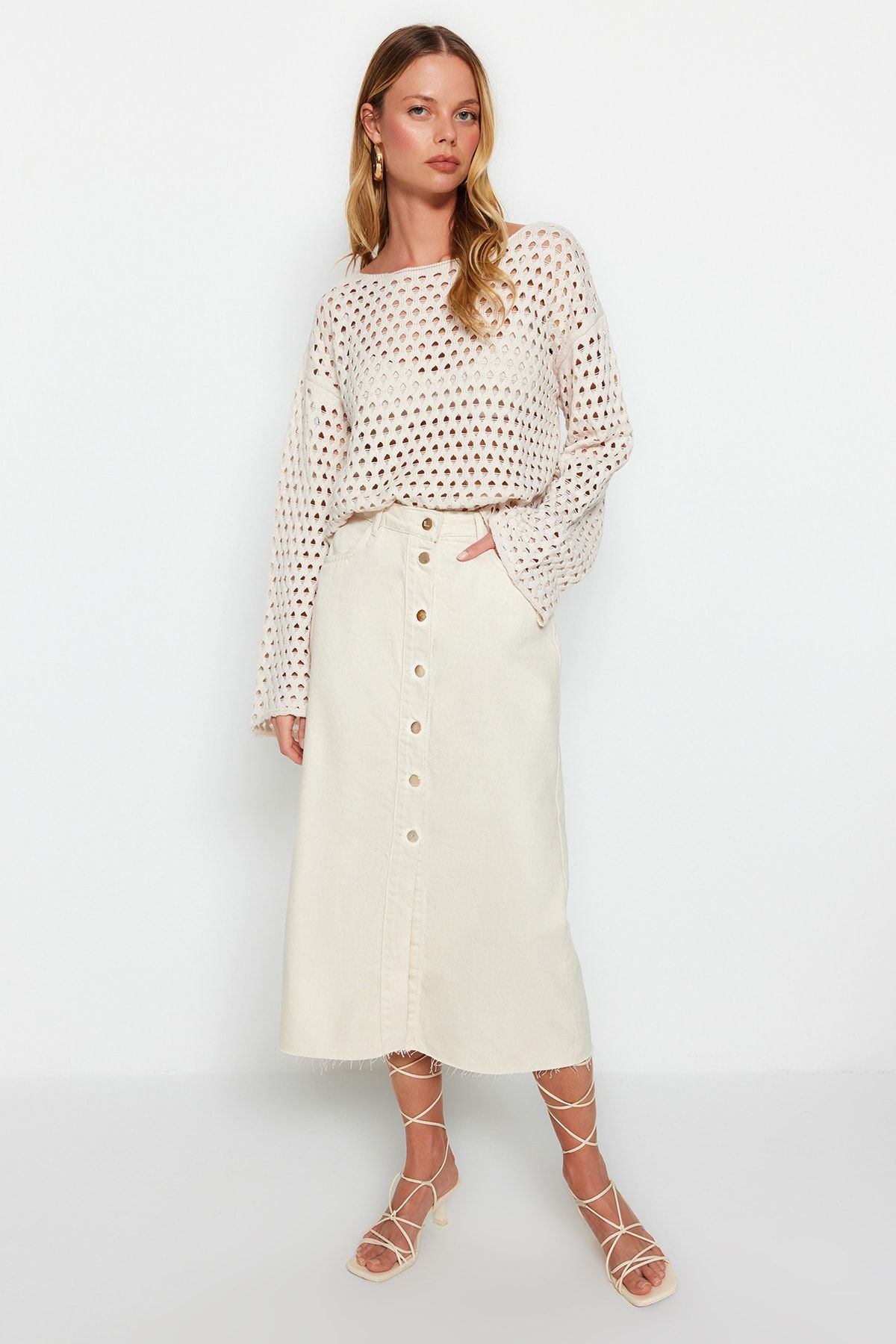 Trendyol Collection-Ecru Button Detail High Waist Midi Denim Skirt Twoss23Et00359 6
