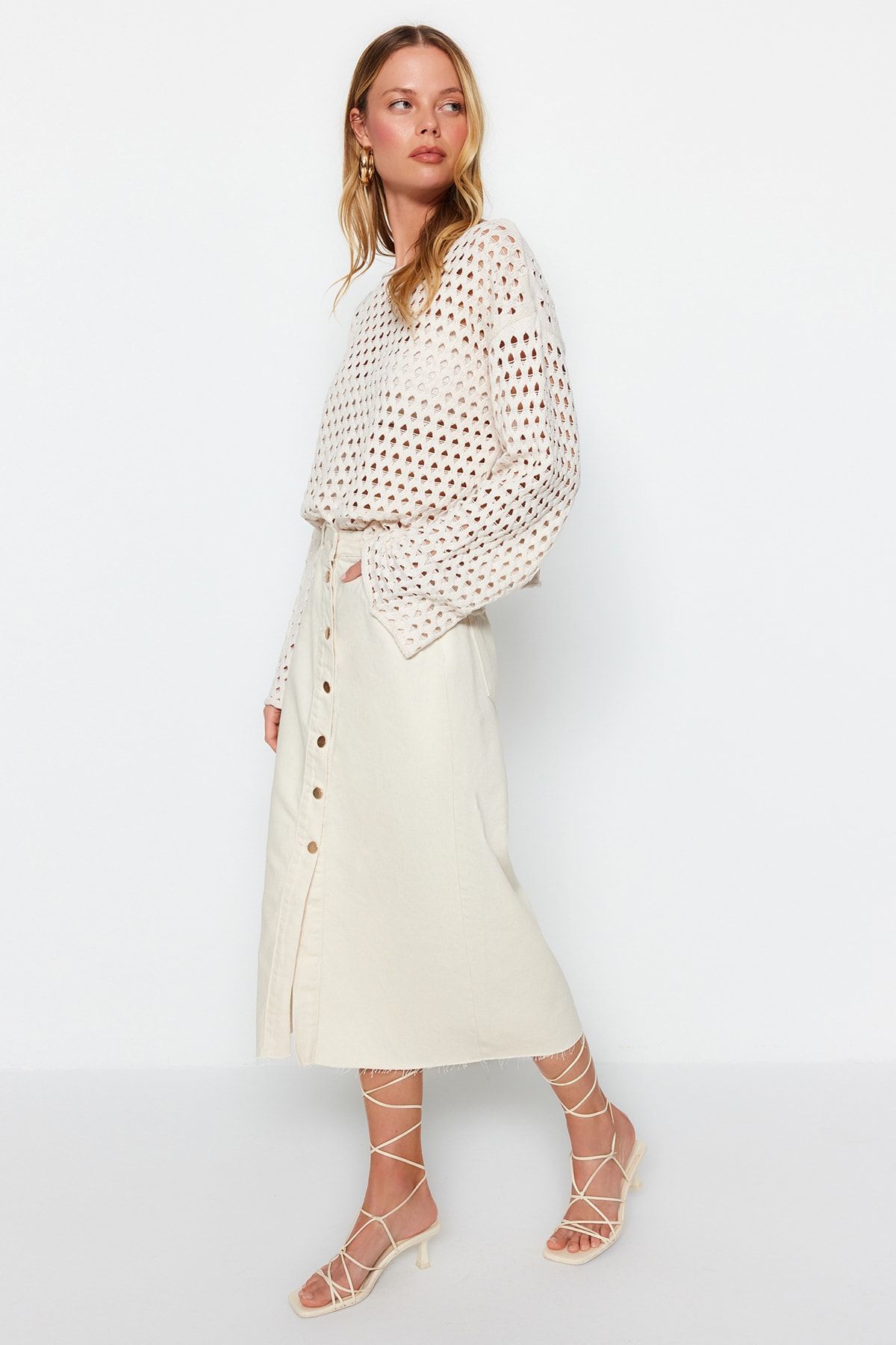 Trendyol Collection-Ecru Button Detail High Waist Midi Denim Skirt Twoss23Et00359 7