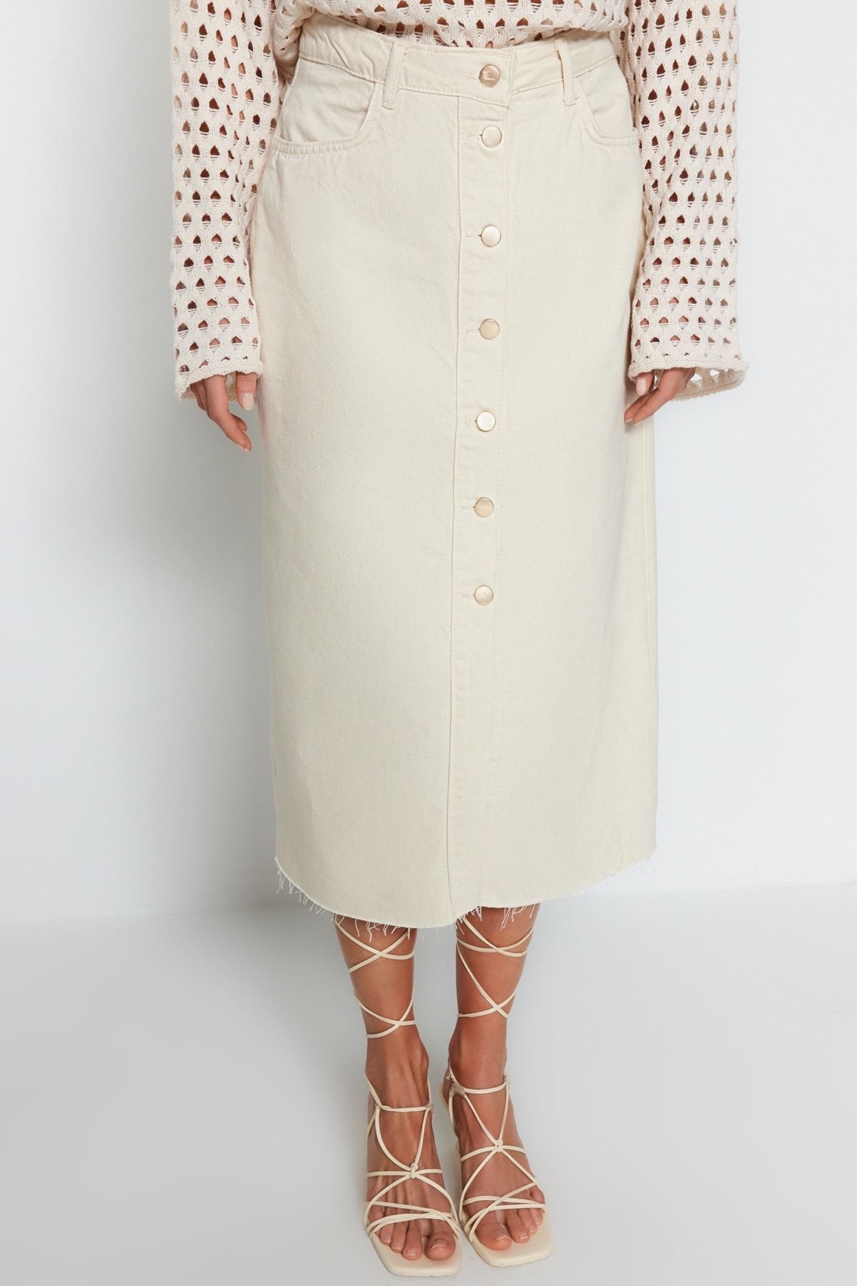 Trendyol Collection-Ecru Button Detail High Waist Midi Denim Skirt Twoss23Et00359 9