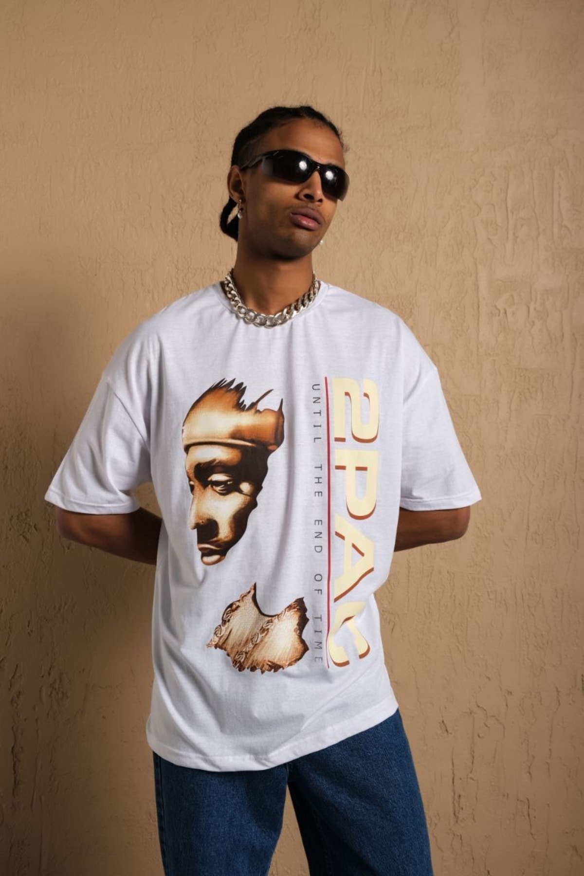2pac Baskılı Oversize %100 Pamuk Beyaz Unisex T-shirt