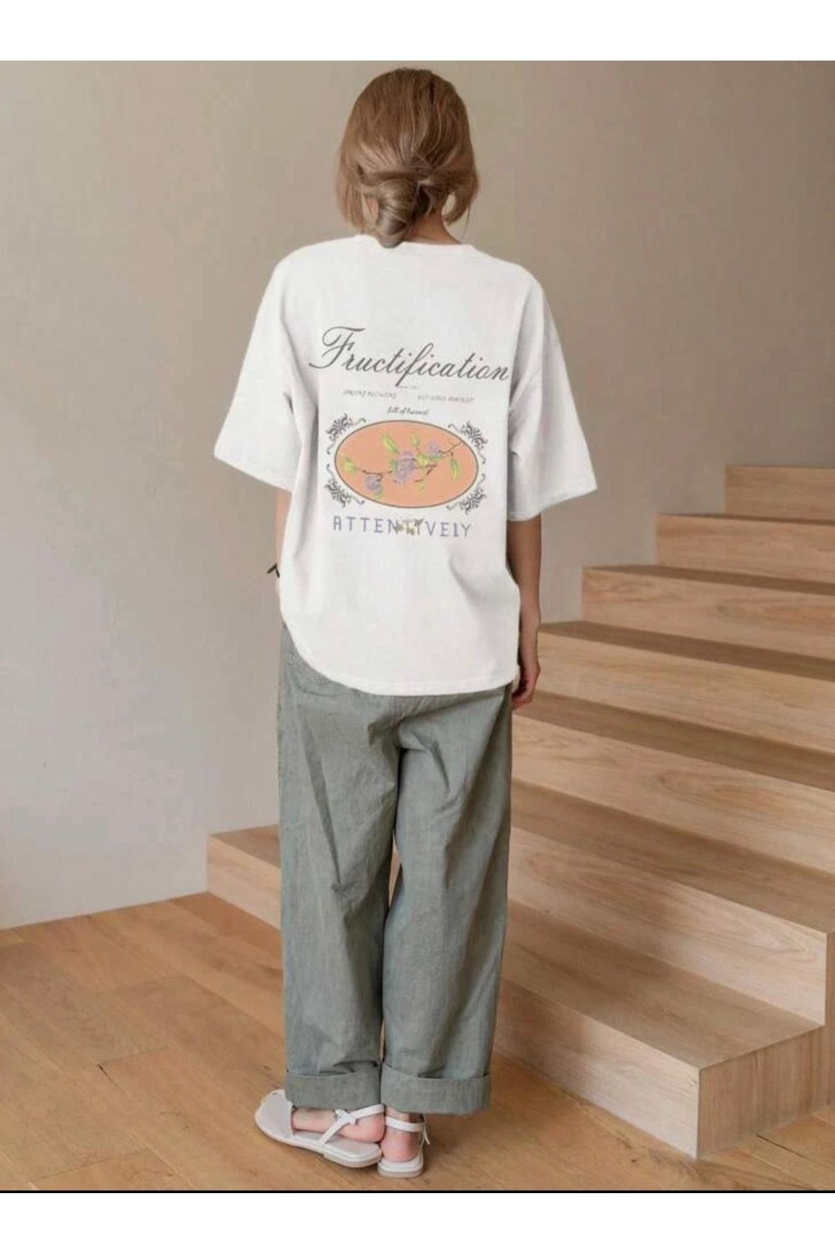 AFROGİYİM-White Oversize T-Shirt - Women, Fructification Printed 2