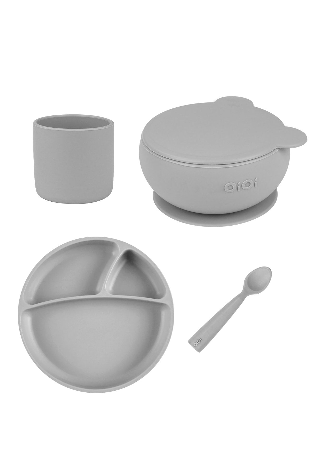 OiOi Powder Grey Набор из четырёх штук (тарелка+стакан+ложка+миска с крышкой) Set.OiOi.223