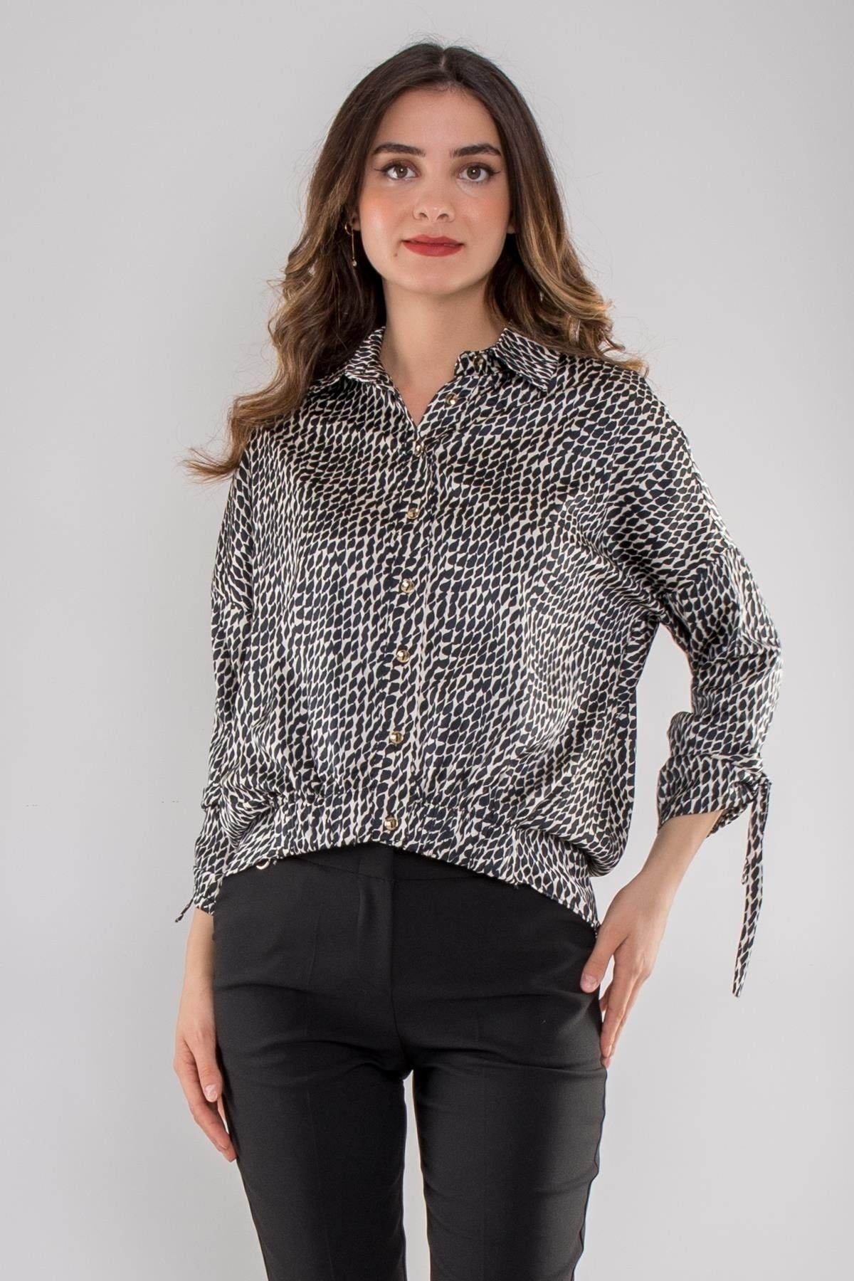 Ayhan 50630 2 Snake Pattern Satin Blouse with Sleeve End and Waist Tie