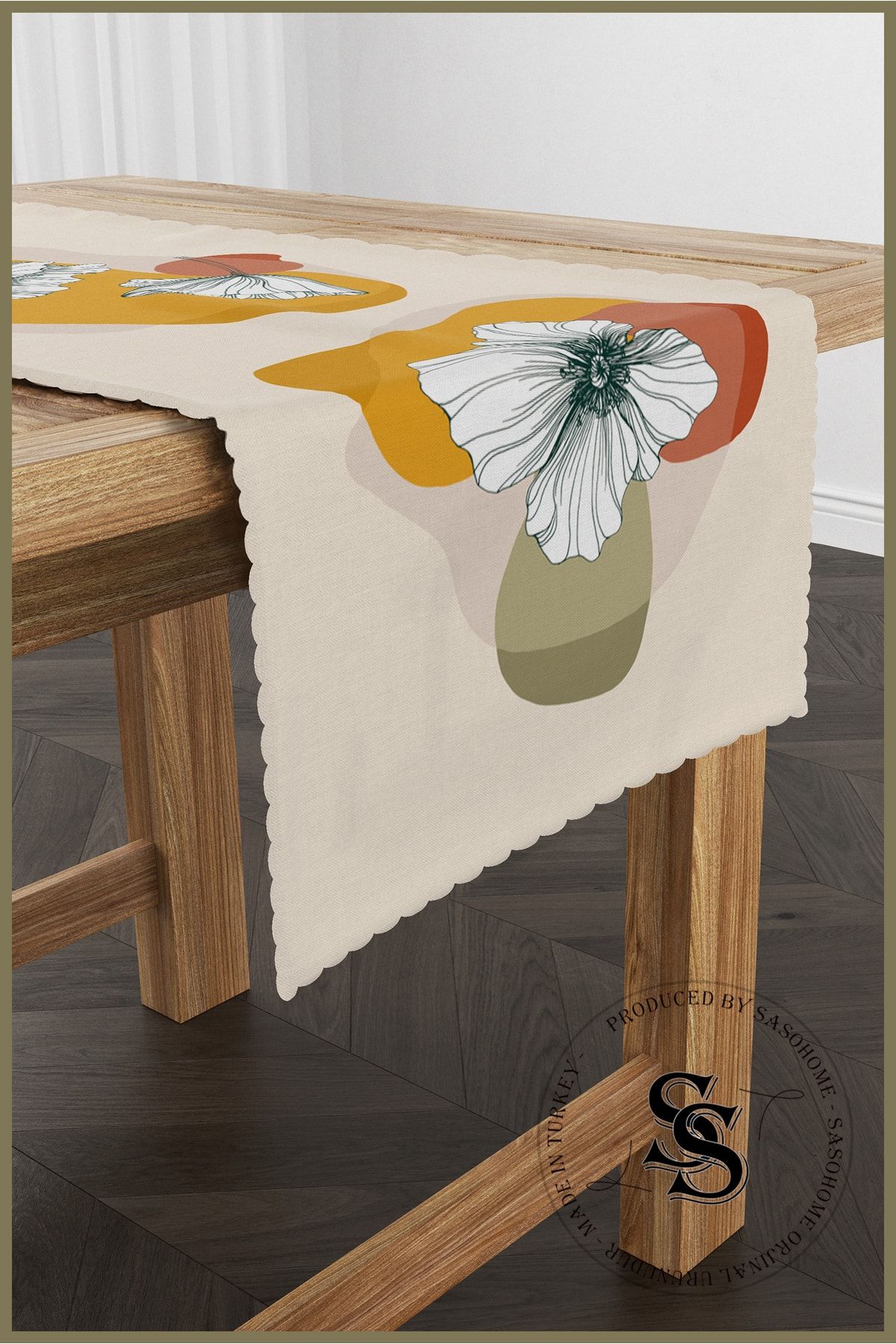 SasoHome-Cream Background White Flowers Patterned Quality Velvet Fabric 45x140 Cm Decorative - Gift Runner 2